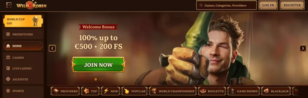 Wild Robin Casino — 100% fino a €500 + 200 Giri Gratis di Benvenuto